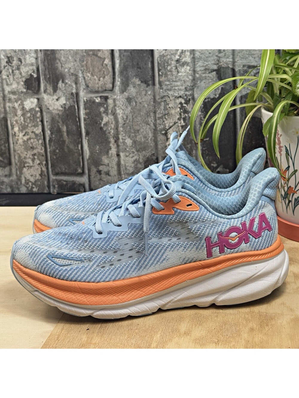 HOKA ONE ONE Clifton 9 Blue/Orange/White/Pink Low Top Lace-Up Mesh Sneaker